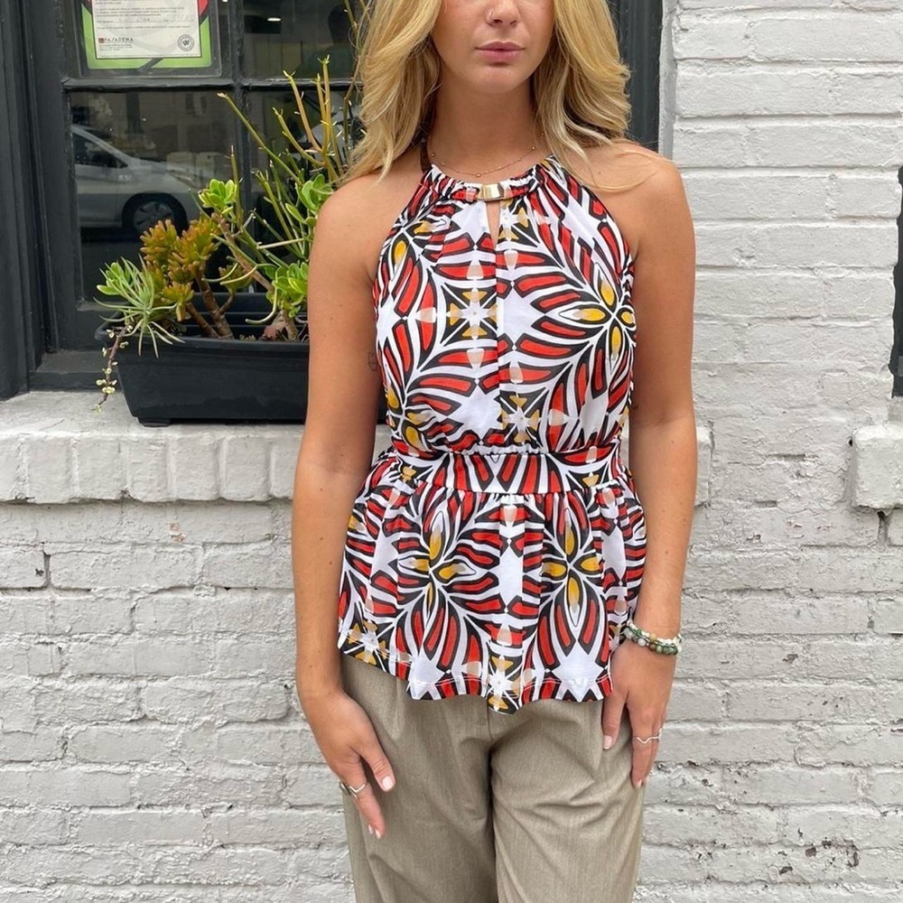 Orange and red abstract floral halter top blouse sz s